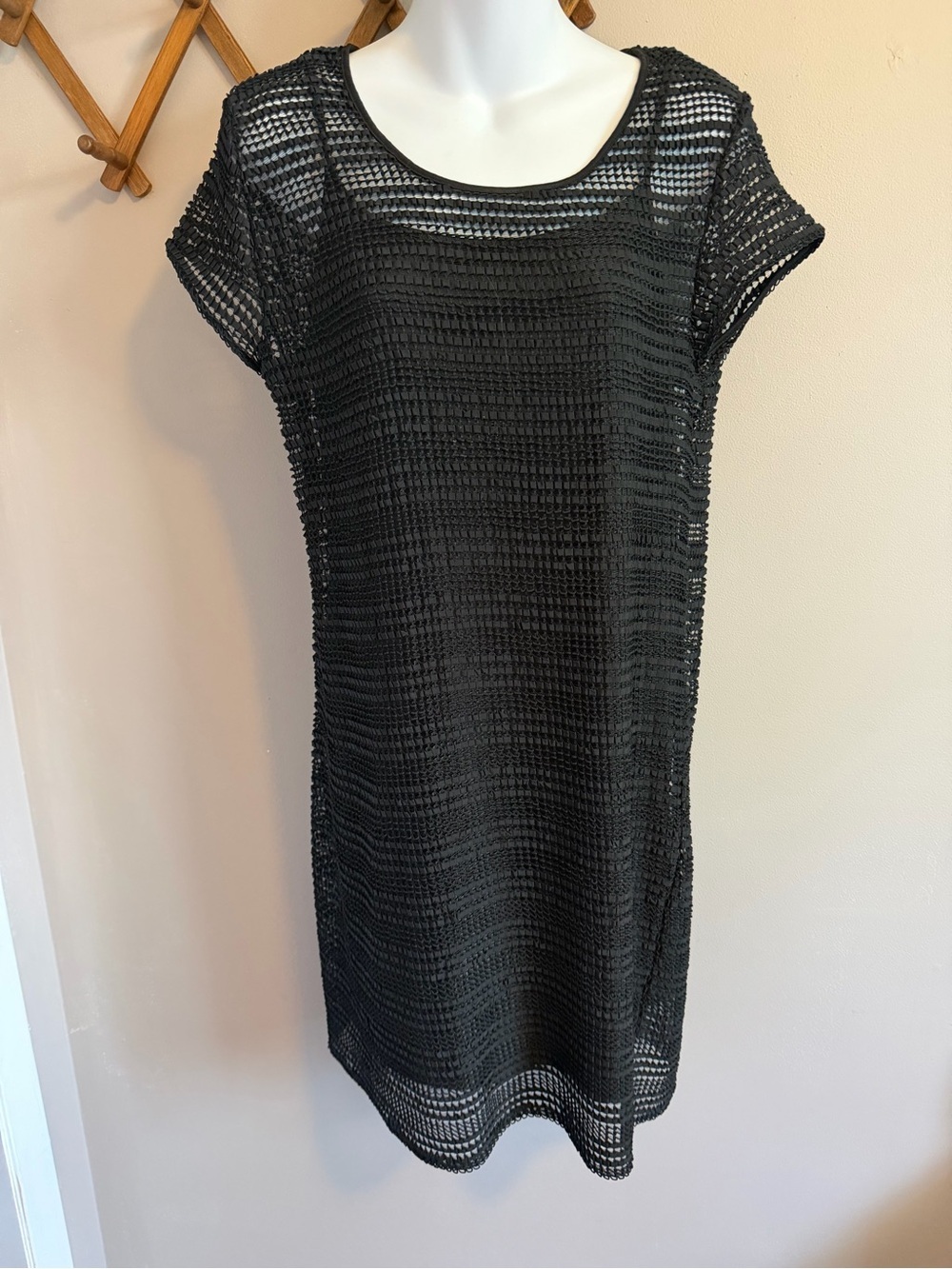 DKNY Woven Ribbon Lattice Grid Mesh Overlay Slip Shift Dress Black M